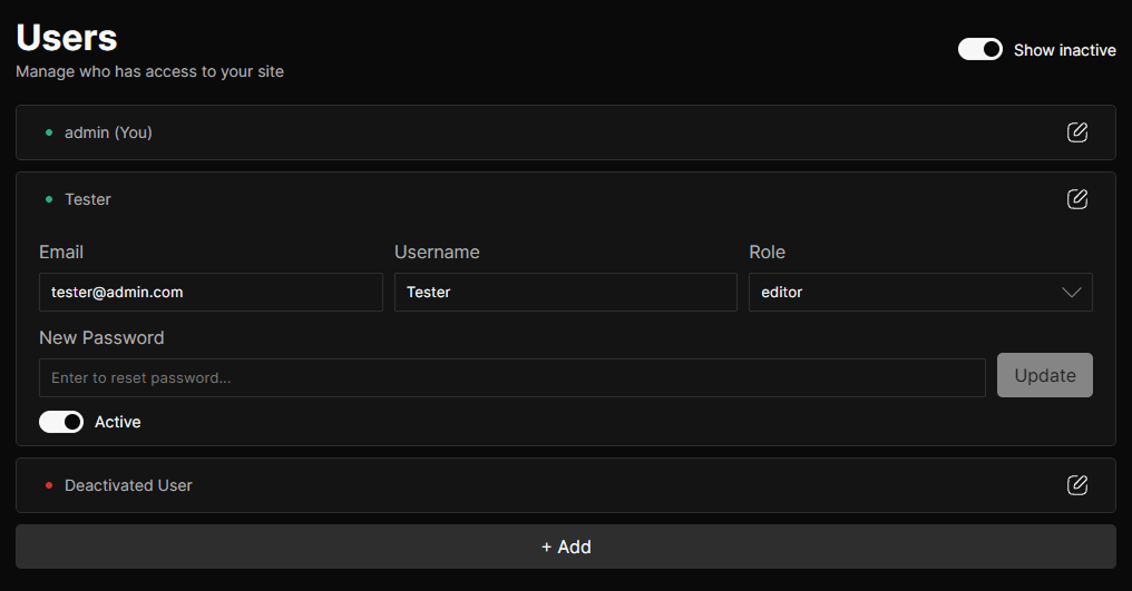 Users panel in the CMS